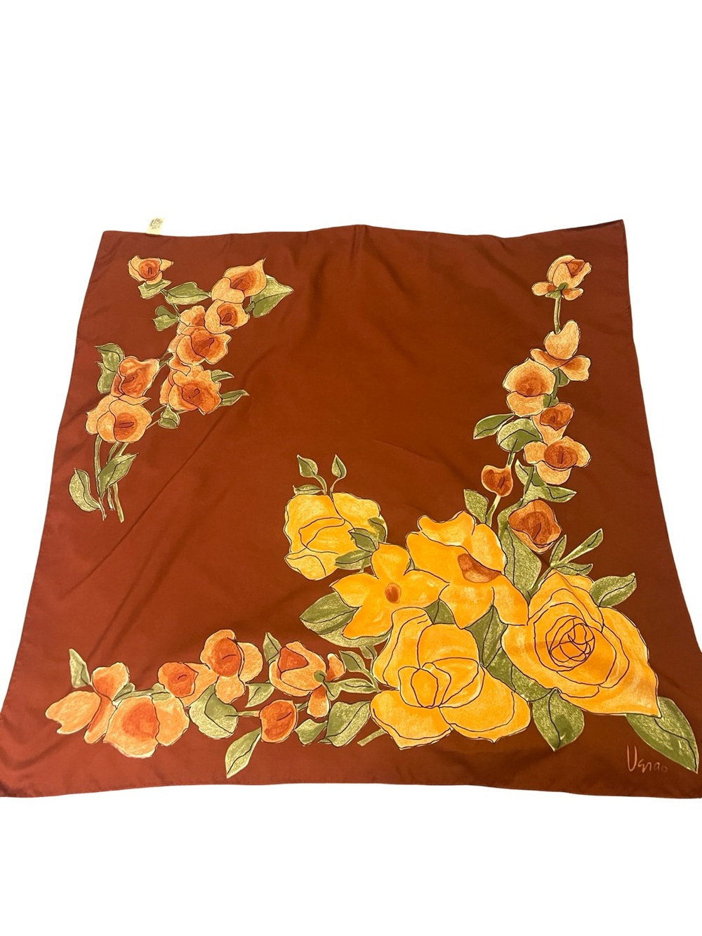 Vintage Vera Neumann Vera Scarf Made in Japan 100% Polyester Brown Floral Retro